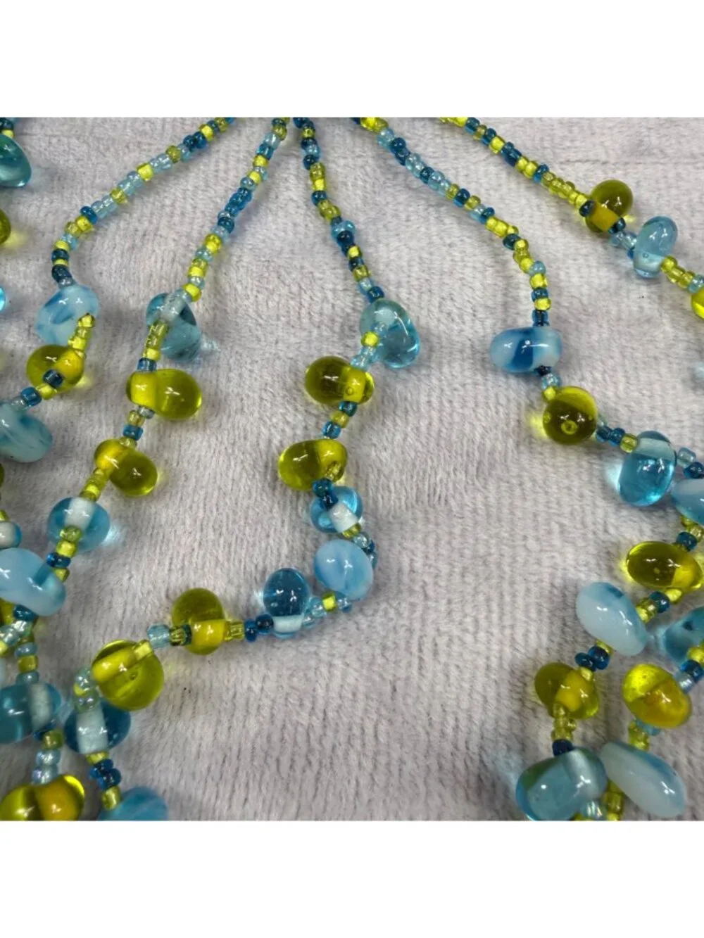 Multistrand Blue & Green Glass Beaded Necklace - Statement Piece Women Vintage